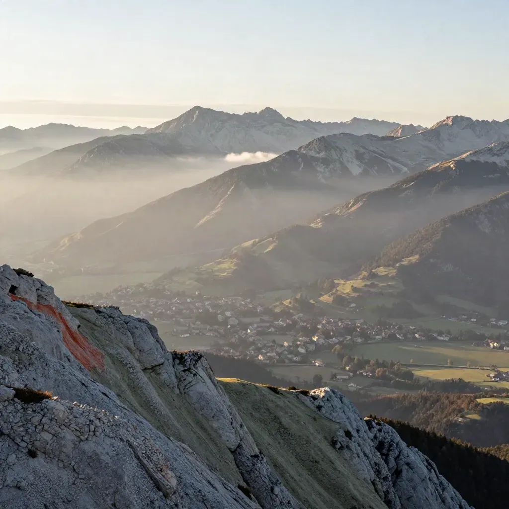 Crête alpine d’Auvergne-Rhône-Alpes avec brume claire et village de vallée au lever du jour.