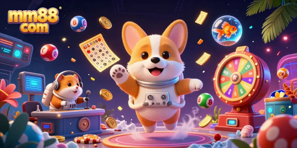 Experience excitement at mm88 com with a cartoon corgi astronaut and casino elements in zero gravity.