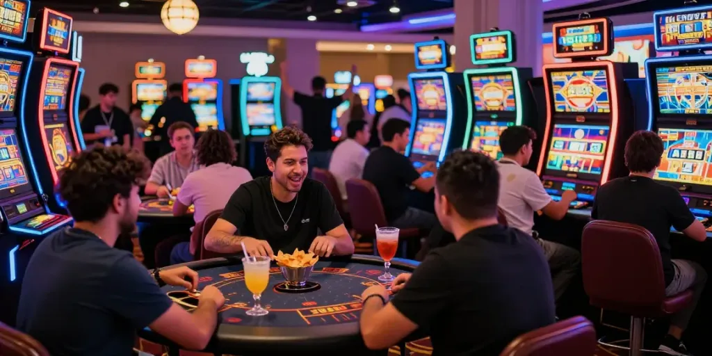 Scène animée de casino en ligne sans dépôt avec joueurs engagés et lumières colorées.