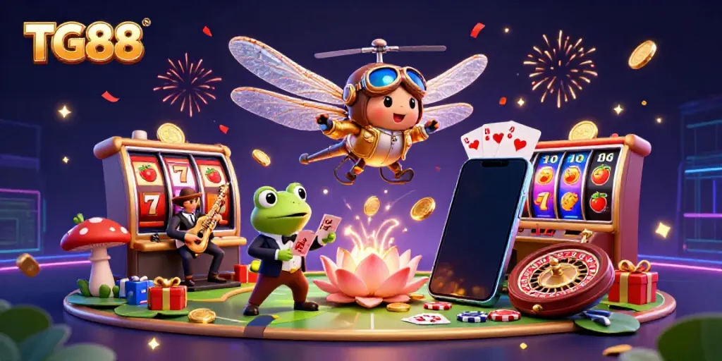 Experience thrilling gaming at TG88 with a vibrant casino scene featuring animated characters and dynamic game elements.