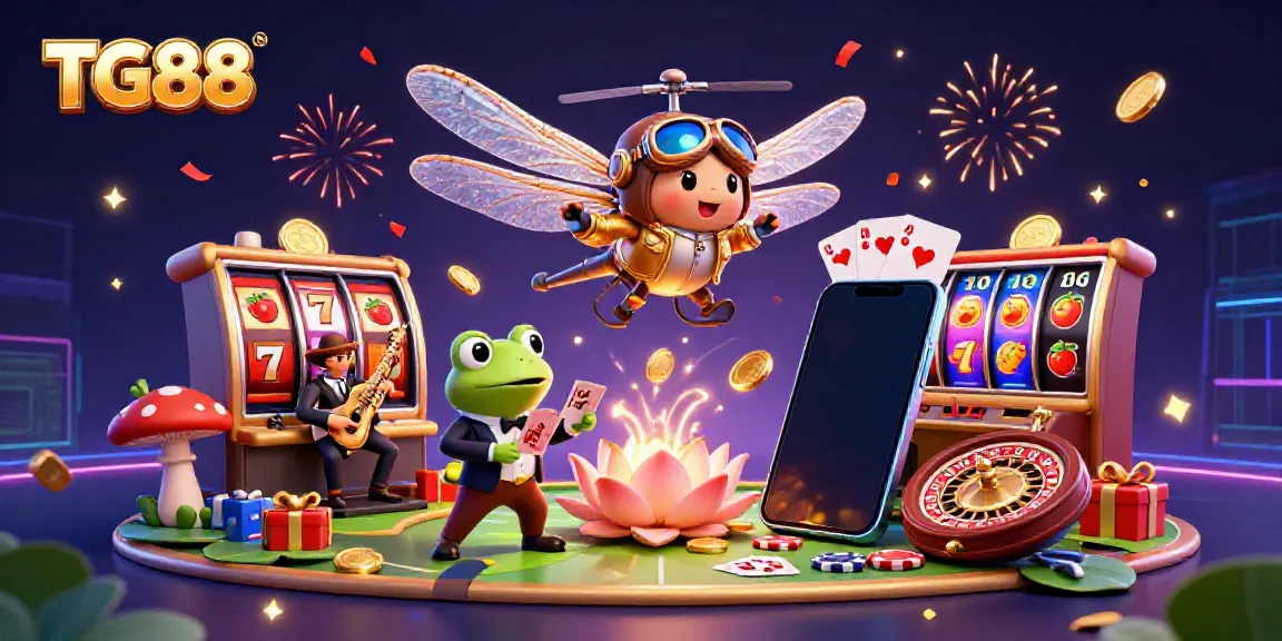 Experience thrilling gaming at TG88 with a vibrant casino scene featuring animated characters and dynamic game elements.
