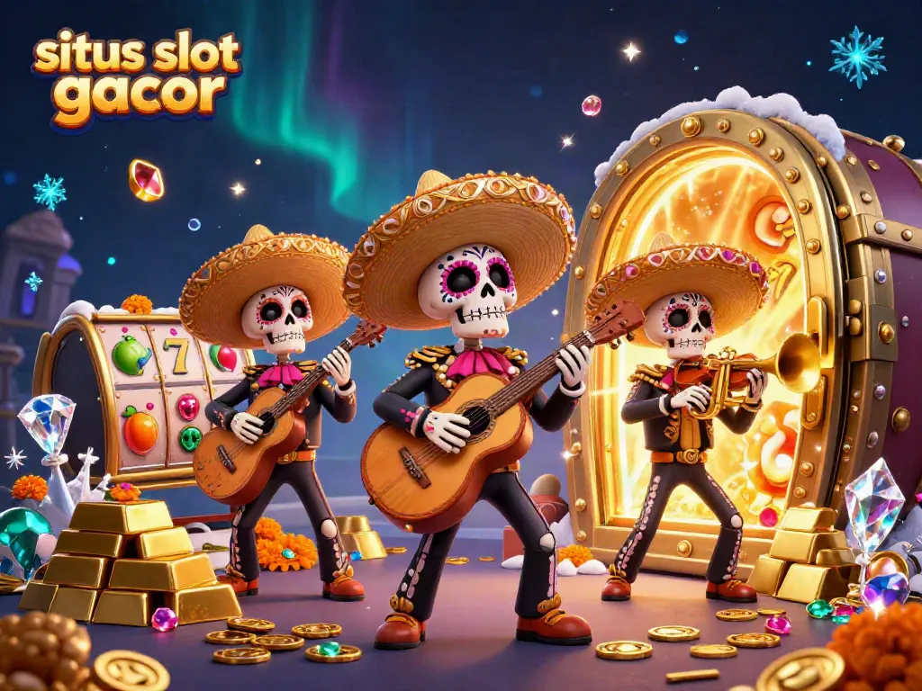 Situs slot gacor illustration with a lively mariachi band amidst treasure and slot elements
