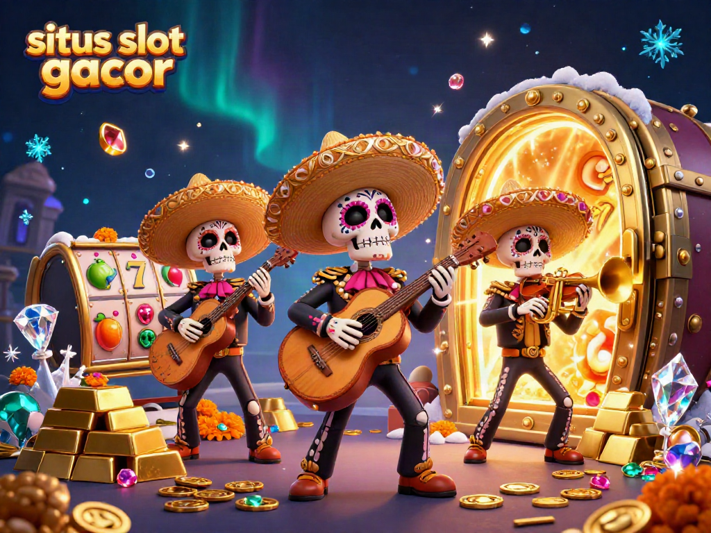 Situs slot gacor illustration with a lively mariachi band amidst treasure and slot elements