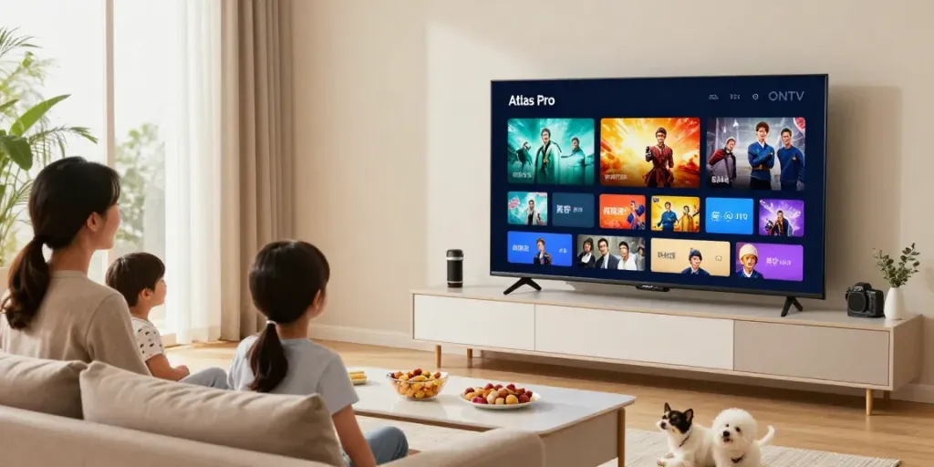 Téléchargement de l'application Atlas Pro ONTV, famille regardant la télévision dans un salon chaleureux.