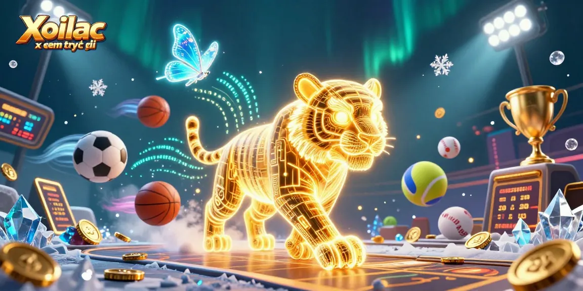 Xoilac xem trực tiếp features a dynamic digital casino scene with a neon tiger and data butterfly companions.