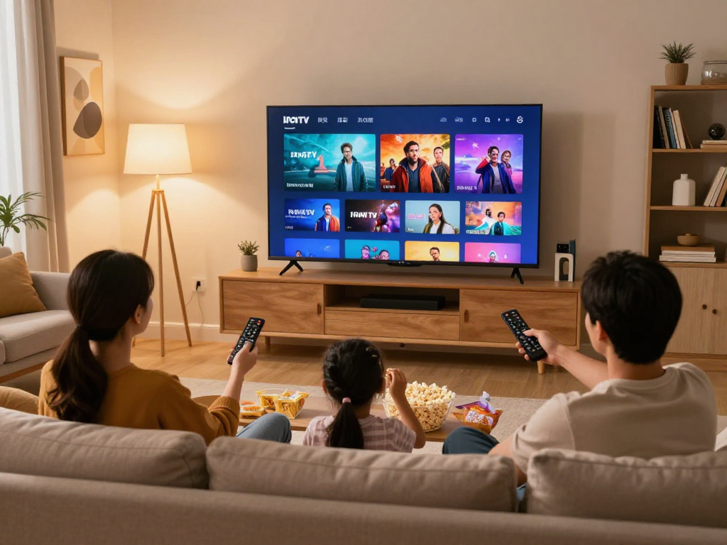 Famille heureuse regardant Iron TV sur un téléviseur intelligent avec popcorn.