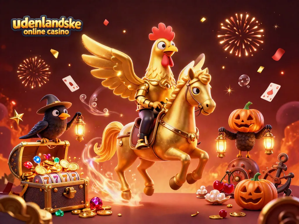 Experience the thrill of udenlandske online casino with golden rooster characters in a vibrant casino scene.