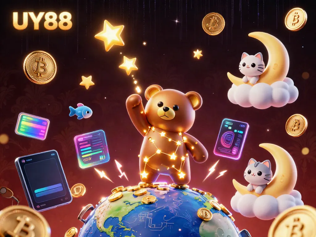 Engaging UY88 illustration with a constellation bear collecting coins amidst crypto elements in a casino setting.