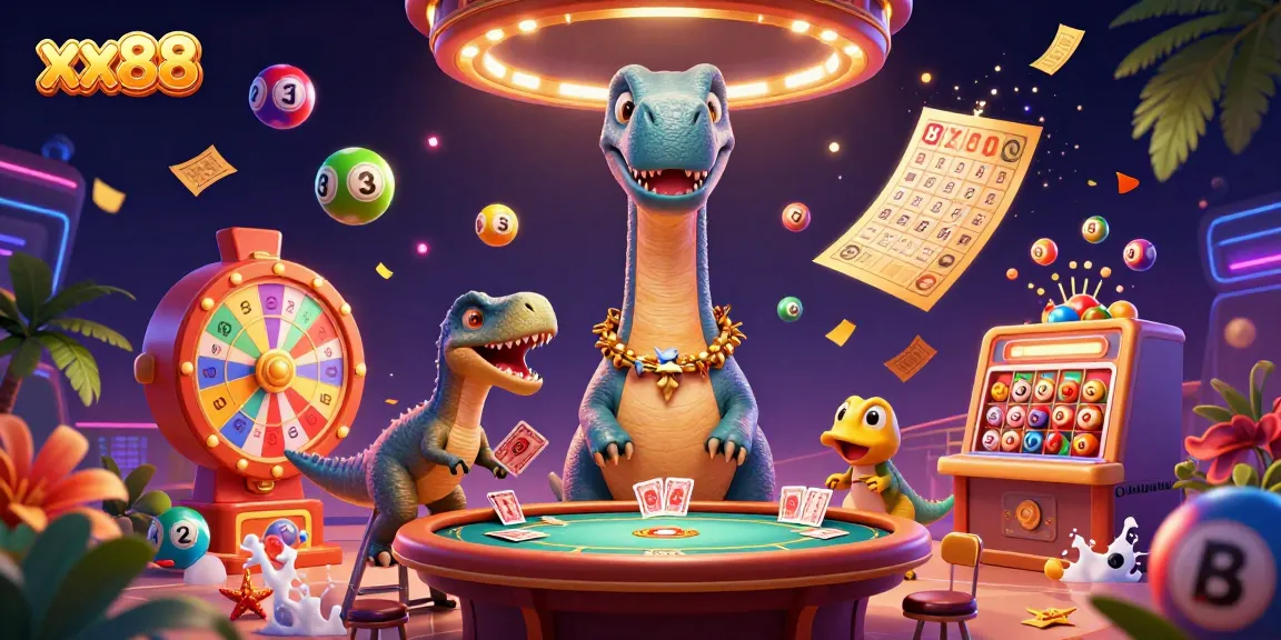 Experience excitement at xx88 casino with a dynamic 3D scene of a brontosaurus and raptor dealers.