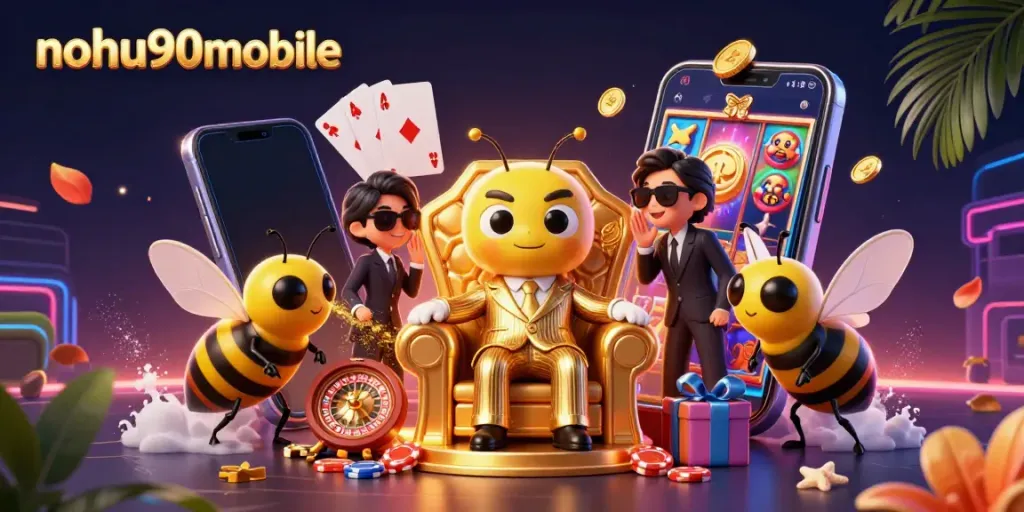 Experience nohu90mobile's vibrant casino gaming world with engaging characters in a dynamic scene.