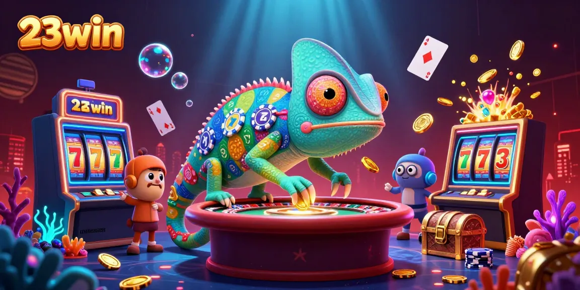 Experience the vibrant world of 23win with an exciting chameleon casino owner catching coins amidst a rich jackpot landscape.