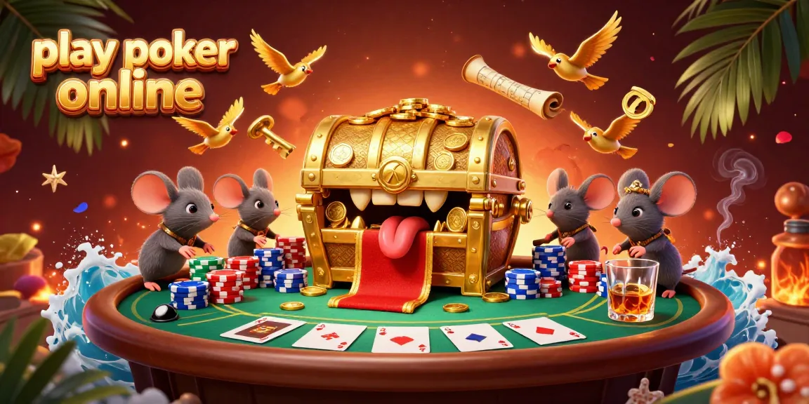 Experience excited mice as they play poker online, attracted to treasure in this dynamic scene.