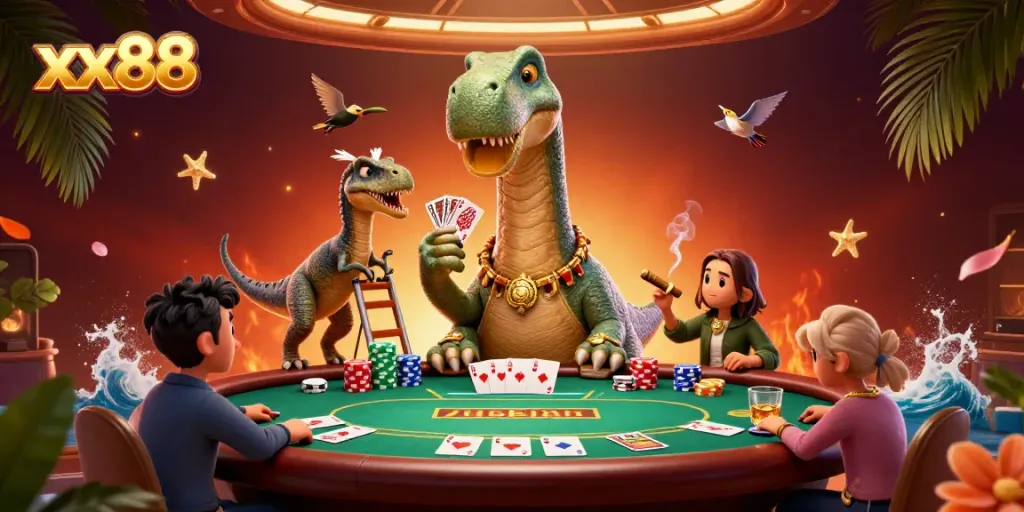 Players enjoy an exciting moment with xx88 at a vibrant casino poker table featuring a cartoon dinosaur.
