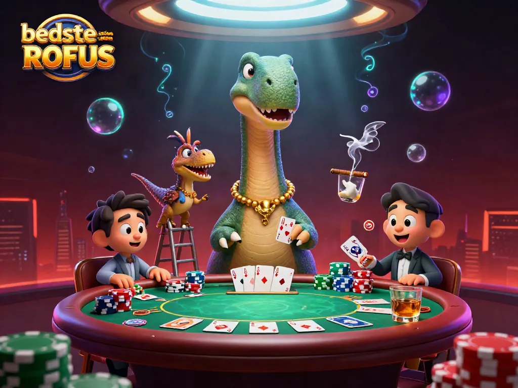 Engage with the beste casino uden ROFUS in a vivid poker scene featuring playful characters and rich details.