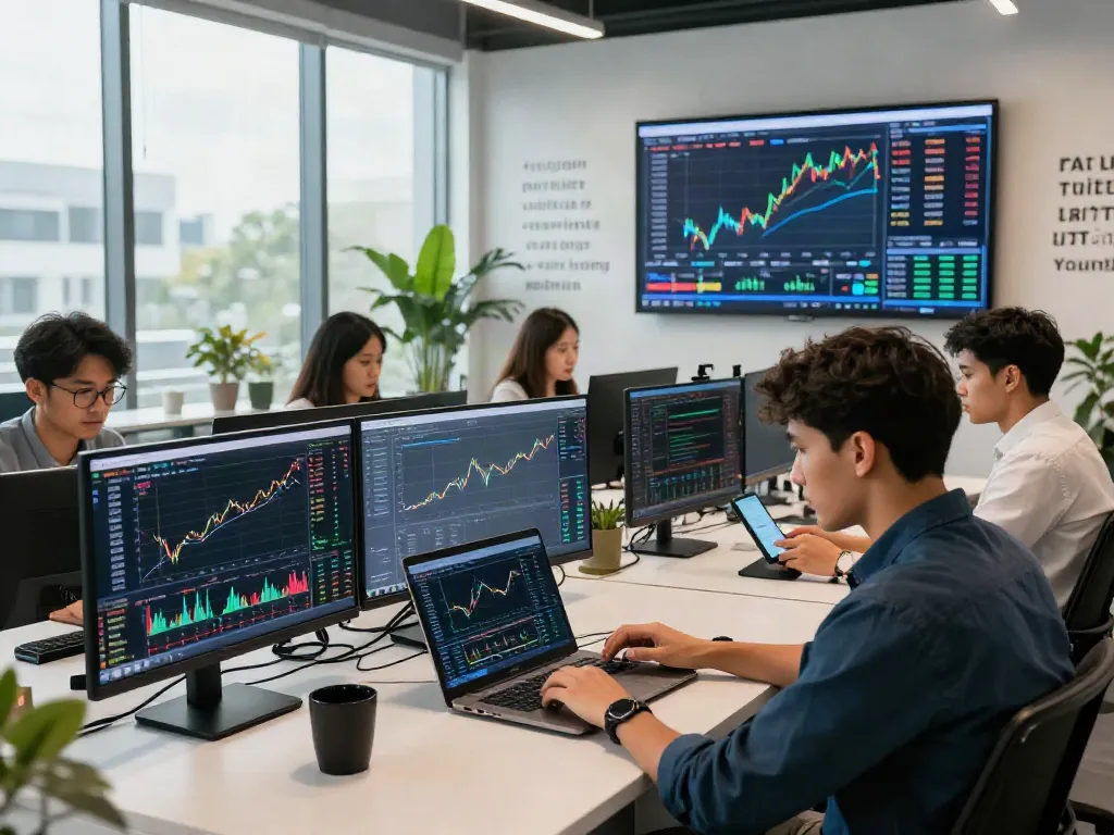 Couponeau : professionnels du trading analysant des données de marché dans un bureau moderne avec lumière naturelle.