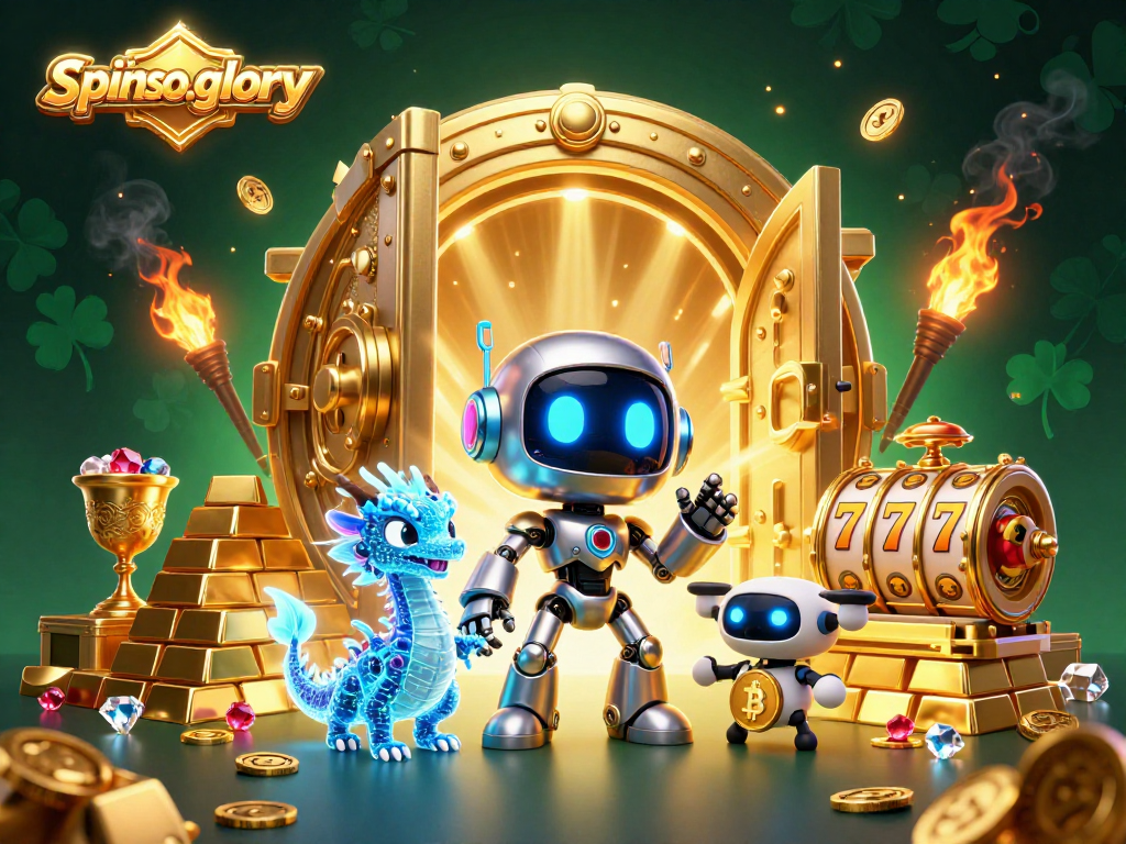 Spinsofglory reveals a dynamic casino scene with a cyberpunk robot, a holographic dragon, and a bitcoin drone amidst treasures.