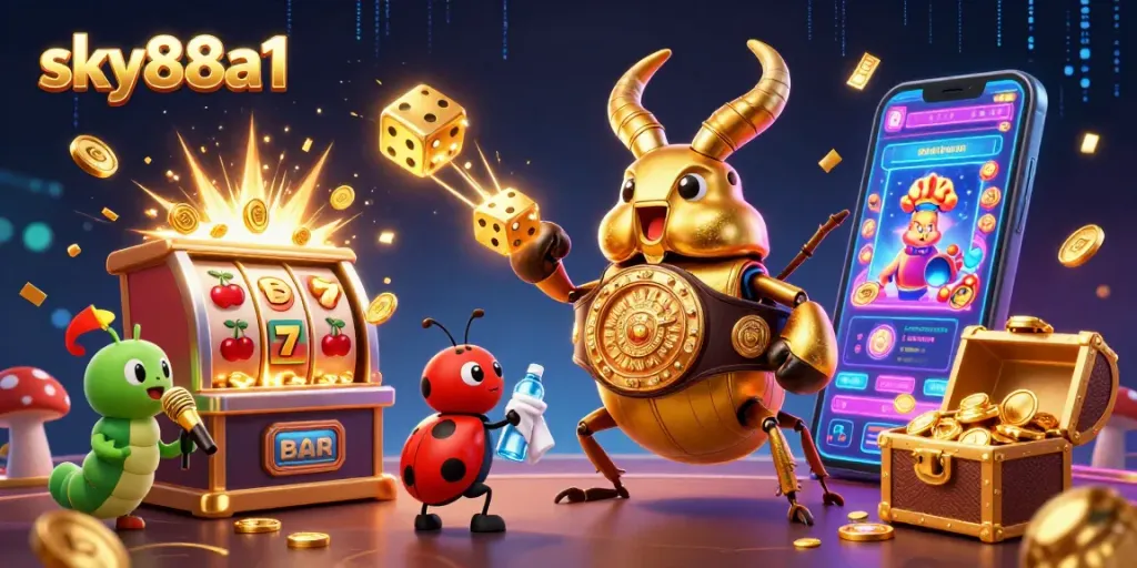 Experience thrilling casino action with sky88a1 in a vibrant 3D scene featuring a giant stag beetle and rich game elements.