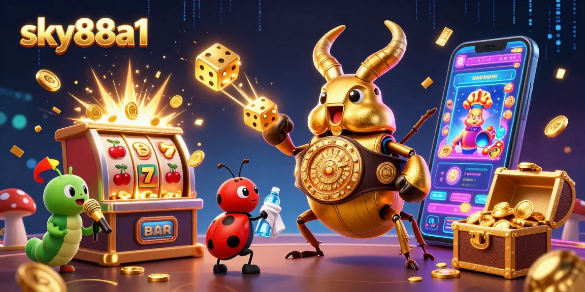 Experience thrilling casino action with sky88a1 in a vibrant 3D scene featuring a giant stag beetle and rich game elements.