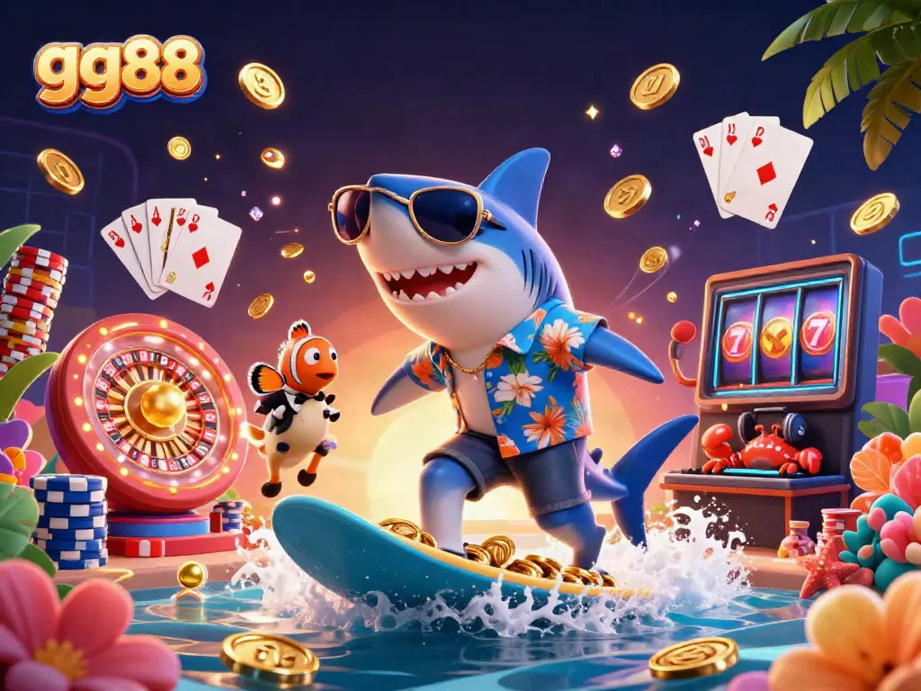 Experience thrilling wins at gg88, where a shark and clownfish surf on gold coins amidst vibrant casino elements!